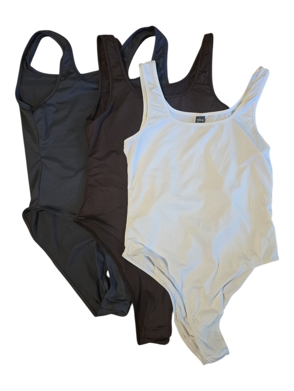 SHEIN Women's Scoop Neck One-Piece Bodysuit Set in White, Black, and Charcoal‎